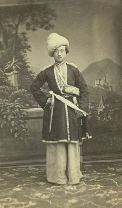 Framed Print : Full-length portrait of unidentified man in Georgian(?) dress, facing front, between 1870 and 1886. Creator: Unknown Framed Print : Full-length portrait of unidentified man in Georgian(?) dress, facing front, between 1870 and 1886. Creator: Unknown