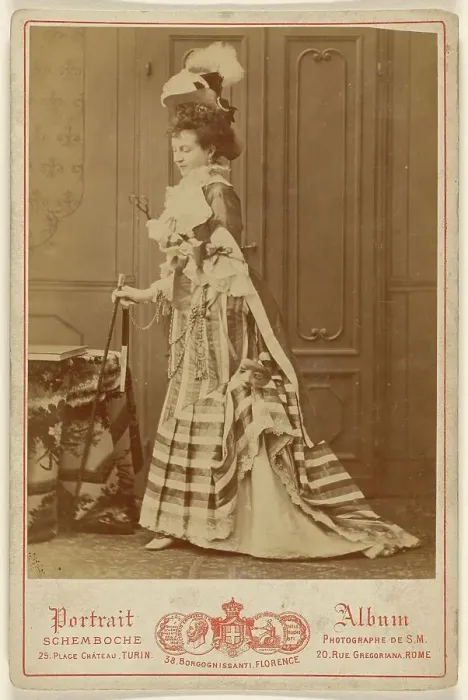 Framed Print : Full-length portrait of a well-dressed woman with walking stick, 1880s. Creator: Michele Schemboche Framed Print : Full-length portrait of a well-dressed woman with walking stick, 1880s. Creator: Michele Schemboche