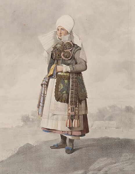 Full-length woman in costume with landscape in the background, 1810-1857. Creator: Otto Wallgren
