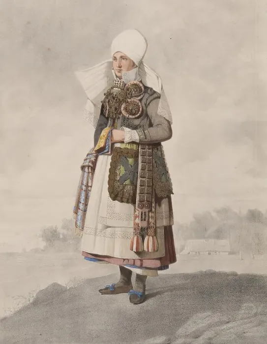 Framed Print : Full-length woman in costume with landscape in the background, 1810-1857. Creator: Otto Wallgren Framed Print : Full-length woman in costume with landscape in the background, 1810-1857. Creator: Otto Wallgren