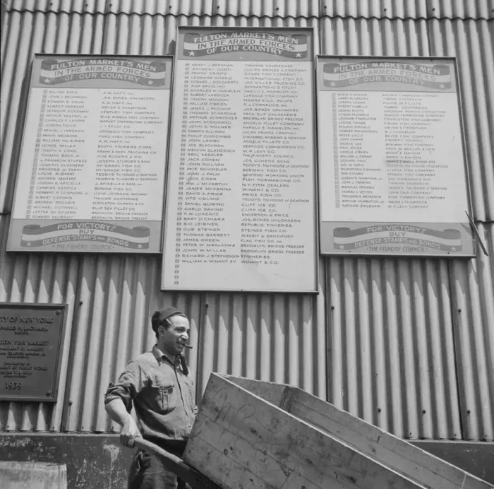 Framed Print : Many of the Fulton fish market men are in the armed forces, New York, 1943. Creator: Gordon Parks Framed Print : Many of the Fulton fish market men are in the armed forces, New York, 1943. Creator: Gordon Parks