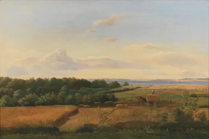 Framed Print : A Funen Landscape at Harvest Time with Wedellsborghoved in the Background, 1846. Creator: Dankvart Dreyer Framed Print : A Funen Landscape at Harvest Time with Wedellsborghoved in the Background, 1846. Creator: Dankvart Dreyer
