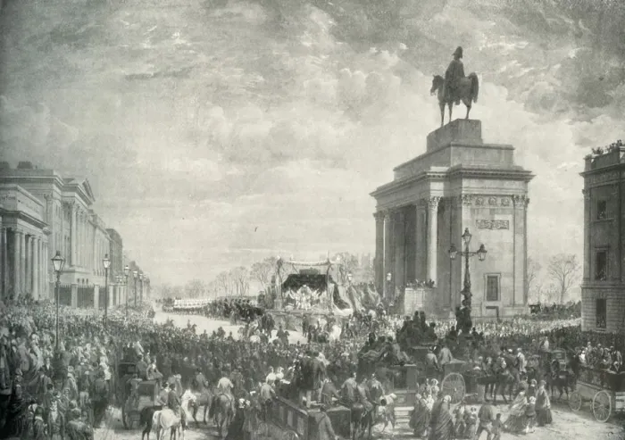 Framed Print : The Funeral of the Duke of Wellington Passing Apsley House, November 18, 1852, (c1897) Framed Print : The Funeral of the Duke of Wellington Passing Apsley House, November 18, 1852, (c1897)
