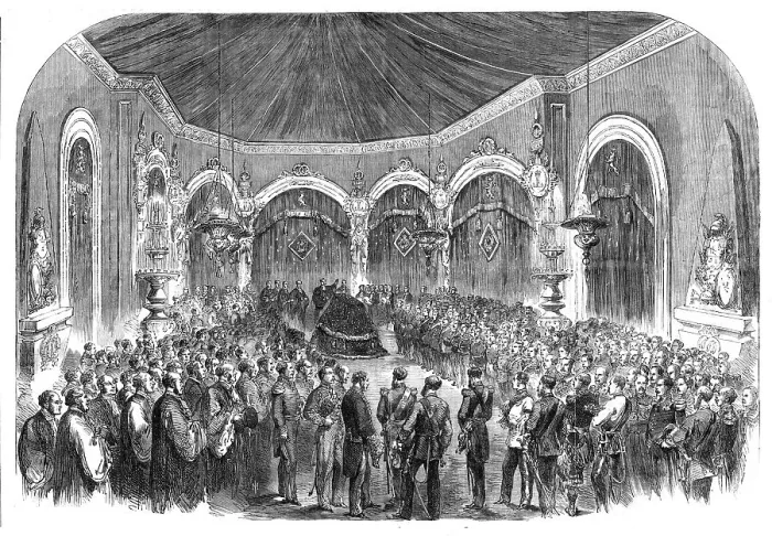Framed Print : Funeral of the late King of the Belgians: the burial service in the Chapel at Laeken... 1865. Creator: Unknown Framed Print : Funeral of the late King of the Belgians: the burial service in the Chapel at Laeken... 1865. Creator: Unknown