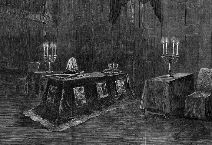 Framed Print : The Funeral of His Late Royal Highness the Prince Consort: the coffin in the audience... 1862. Creator: Unknown Framed Print : The Funeral of His Late Royal Highness the Prince Consort: the coffin in the audience... 1862. Creator: Unknown