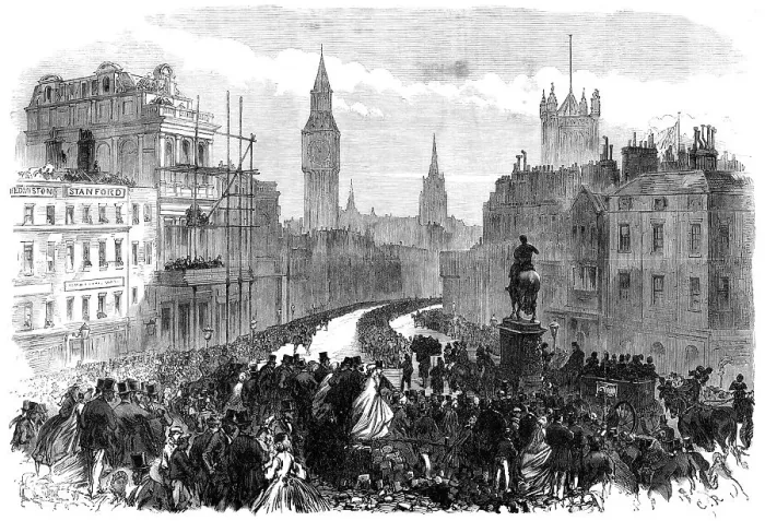 Framed Print : The Funeral of Lord Palmerston: the procession passing Charing-Cross, 1865. Creator: C. R Framed Print : The Funeral of Lord Palmerston: the procession passing Charing-Cross, 1865. Creator: C. R