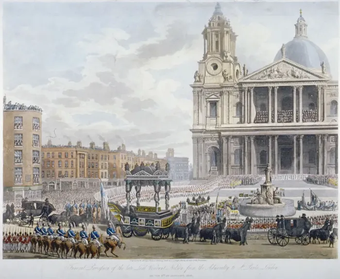 Framed Print : Funeral procession of Lord Nelson outside St Pauls Cathedral, City of London, 1806 Framed Print : Funeral procession of Lord Nelson outside St Pauls Cathedral, City of London, 1806