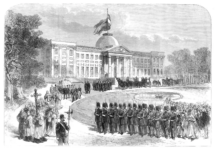 Framed Print : Funeral procession of the Prince Royal of Belgium leaving the Palace of Laeken, 1869. Creator: Unknown Framed Print : Funeral procession of the Prince Royal of Belgium leaving the Palace of Laeken, 1869. Creator: Unknown