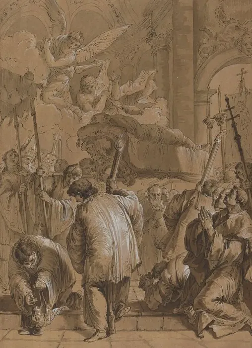 Framed Print : Funeral Procession of a Saint with Angels, 18th century. Creator: Francesco Fontebasso Framed Print : Funeral Procession of a Saint with Angels, 18th century. Creator: Francesco Fontebasso
