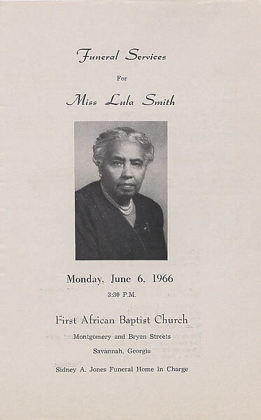 Funeral Services for Miss Lula Smith, 1966. Creator: Unknown
