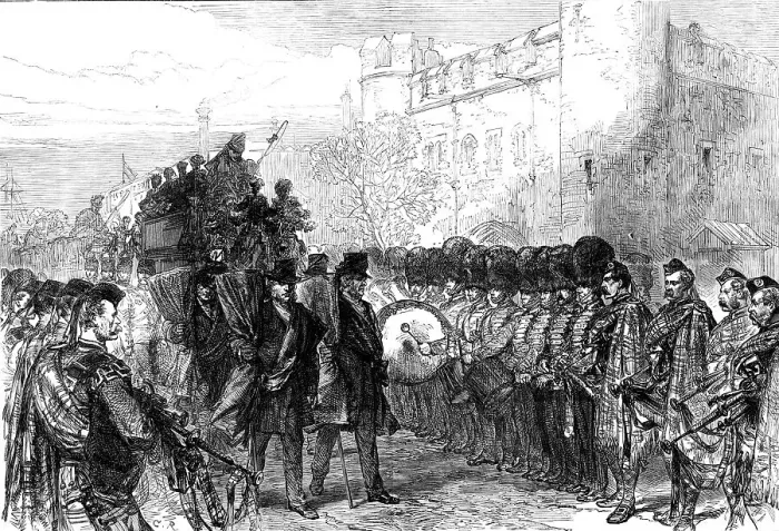 Framed Print : Funeral of Sir John Burgoyne at the Tower: the procession passing Traitors Gate, 1871. Creator: Unknown Framed Print : Funeral of Sir John Burgoyne at the Tower: the procession passing Traitors Gate, 1871. Creator: Unknown