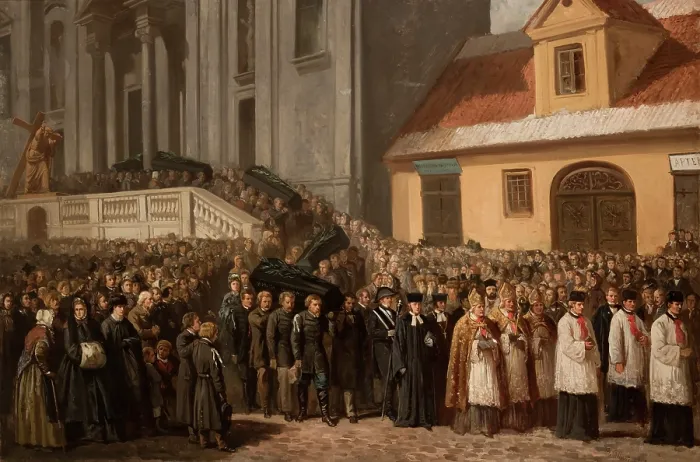 Framed Print : Funeral of the Five Victims of the Manifestation of 1861 in Warsaw, 1865. Creator: Henryk Pillati Framed Print : Funeral of the Five Victims of the Manifestation of 1861 in Warsaw, 1865. Creator: Henryk Pillati