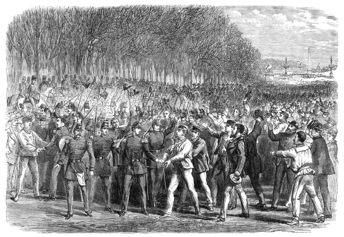 Framed Print : The Funeral of Victor Noir: the people cheering the National Guard in the Champs Élysées, 1870. Creator: Unknown Framed Print : The Funeral of Victor Noir: the people cheering the National Guard in the Champs Élysées, 1870. Creator: Unknown