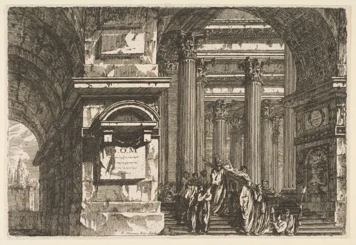 Framed Print : Funerary Scene in a Temple, ca. 1760. Creator: Pierre Moreau Framed Print : Funerary Scene in a Temple, ca. 1760. Creator: Pierre Moreau