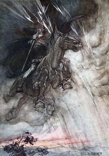 Furiously Wotan is riding to the rock. Illustration for The Rhinegold and The Valkyrie by Richard Artist: Rackham, Arthur (1867-1939)