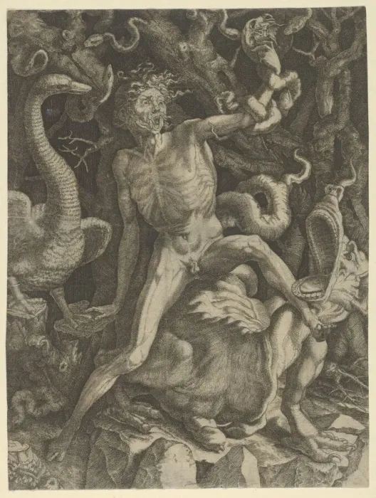 Framed Print : Fury personified as an old man riding a monster, holding a skull in his left hand, c Framed Print : Fury personified as an old man riding a monster, holding a skull in his left hand, c