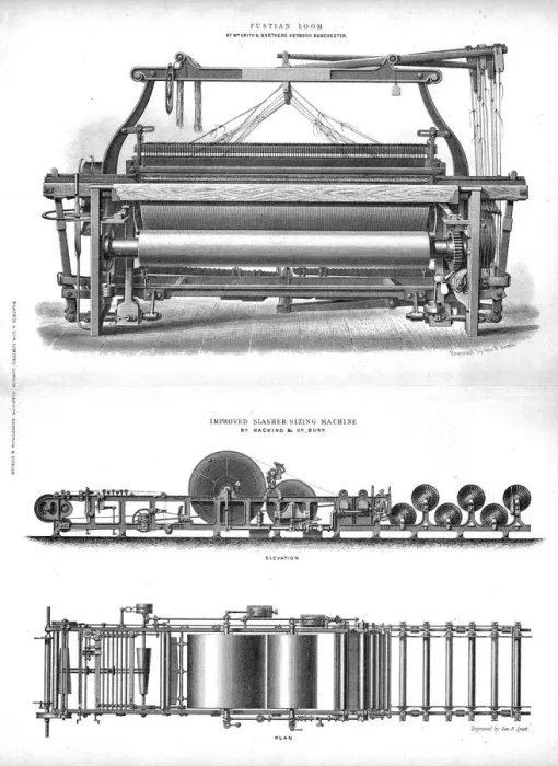 Framed Print : Fustian Loom and Improved Slasher-Sizing Machine, late 19th century? Artist: George B Smith Framed Print : Fustian Loom and Improved Slasher-Sizing Machine, late 19th century? Artist: George B Smith