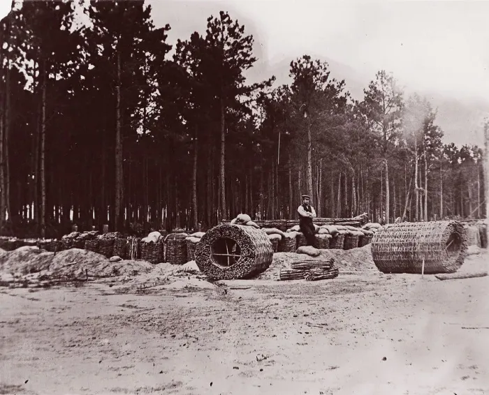 Framed Print : Gabions in Engineers Camp, Petersburg, 1864. Creator: Tim O Sullivan Framed Print : Gabions in Engineers Camp, Petersburg, 1864. Creator: Tim O Sullivan