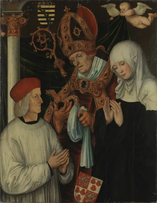 Framed Print : Gabriel of Eyb, Bishop of Eichstatt, with Saints Willibald and Walburga, 1520 Framed Print : Gabriel of Eyb, Bishop of Eichstatt, with Saints Willibald and Walburga, 1520
