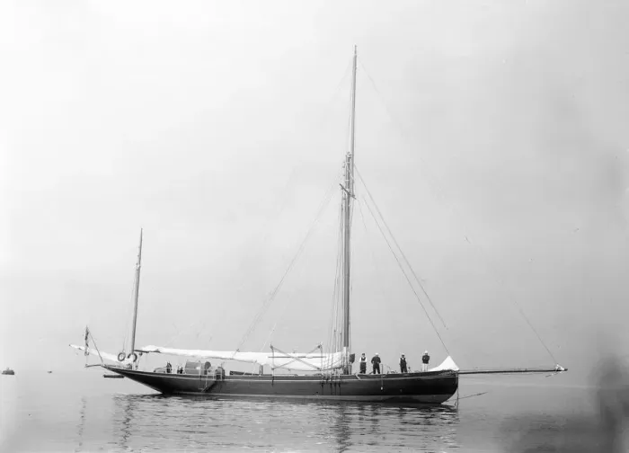 Framed Print : The gaff yawl Coral at anchor, 1922. Creator: Kirk & Sons of Cowes Framed Print : The gaff yawl Coral at anchor, 1922. Creator: Kirk & Sons of Cowes