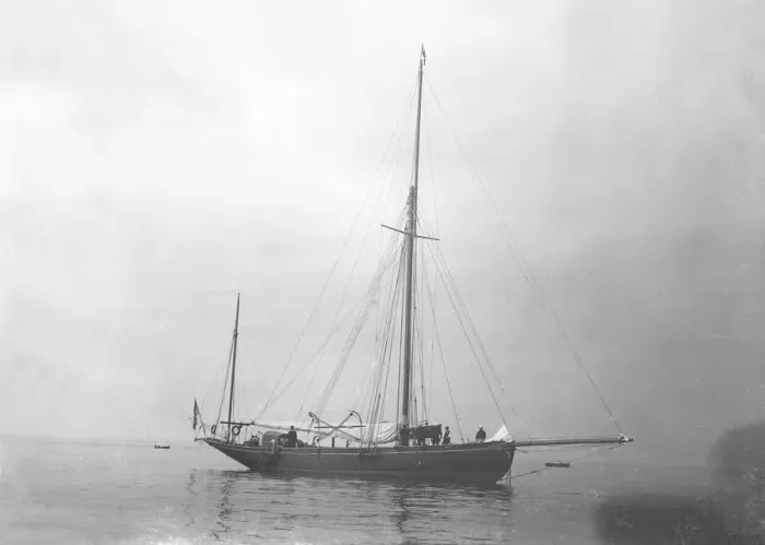 Framed Print : The gaff yawl Coral at anchor, 1922. Creator: Kirk & Sons of Cowes Framed Print : The gaff yawl Coral at anchor, 1922. Creator: Kirk & Sons of Cowes
