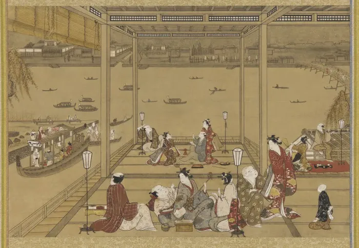 Framed Print : Gaiety in a riverside tea-house, Edo period, 18th century. Creator: Unknown Framed Print : Gaiety in a riverside tea-house, Edo period, 18th century. Creator: Unknown