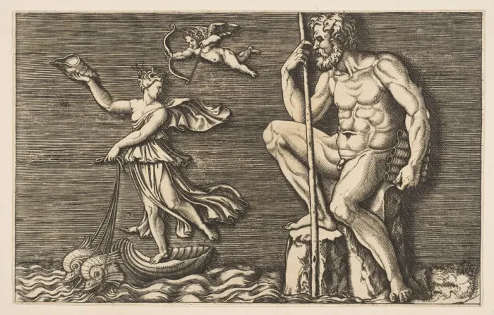 Framed Print : Galatea escaping Polyphemus; he is seated on a rock holding a staff and pipes and... ca Framed Print : Galatea escaping Polyphemus; he is seated on a rock holding a staff and pipes and... ca