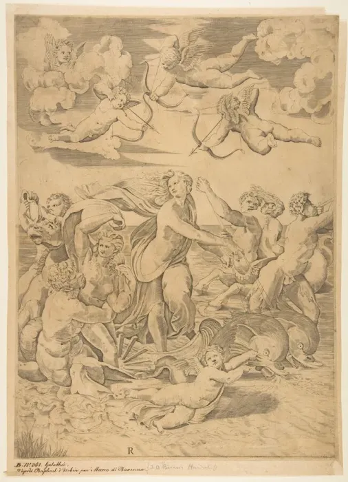 Framed Print : Galatea riding in a shell pulled through the water by dolphins, a cupid below and f Framed Print : Galatea riding in a shell pulled through the water by dolphins, a cupid below and f