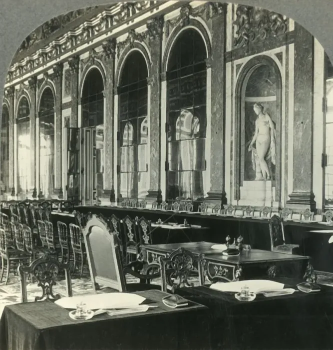 Framed Print : Galerie des Glaces, Showing Table where Peace Treaty Was Signed, Versailles, France, c1930s Framed Print : Galerie des Glaces, Showing Table where Peace Treaty Was Signed, Versailles, France, c1930s