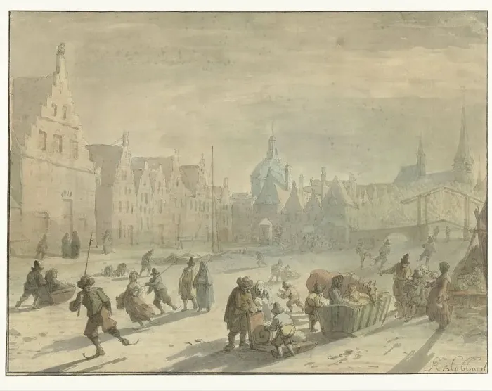 Framed Print : Galgewater in Leiden with ice entertainment, 1639-1654. Creator: Karel Slabbaert Framed Print : Galgewater in Leiden with ice entertainment, 1639-1654. Creator: Karel Slabbaert
