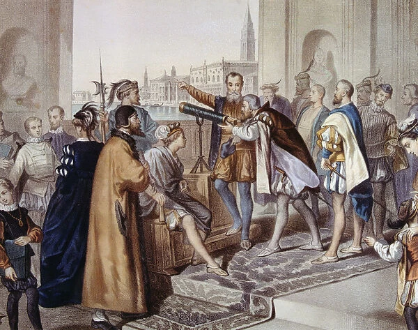 Galileo Galilei (1564 - 1642), Italian astronomer and physicist showing his invention