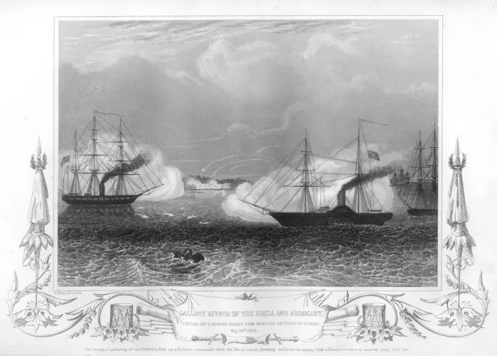 Framed Print : The gallant affair of the Hecla and Arrogant, 1854 (1857). Artist: H Bibby Framed Print : The gallant affair of the Hecla and Arrogant, 1854 (1857). Artist: H Bibby