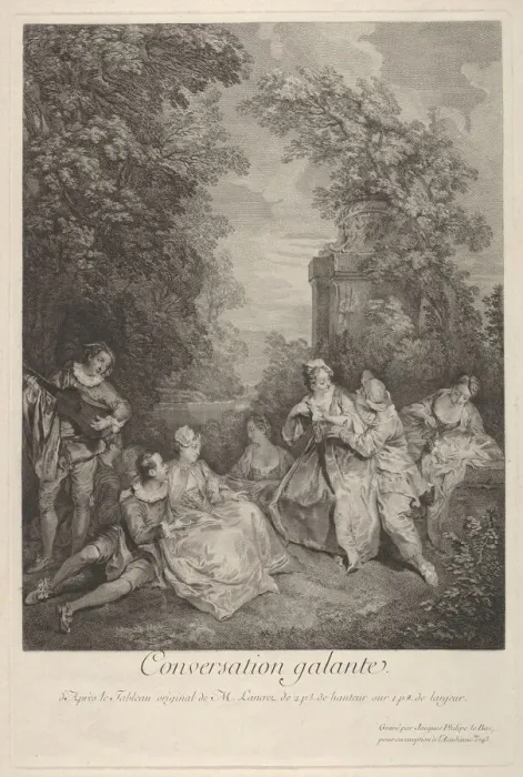 Framed Print : Gallant conversation (Conversation galante): couples engage in conversation in a garden Framed Print : Gallant conversation (Conversation galante): couples engage in conversation in a garden