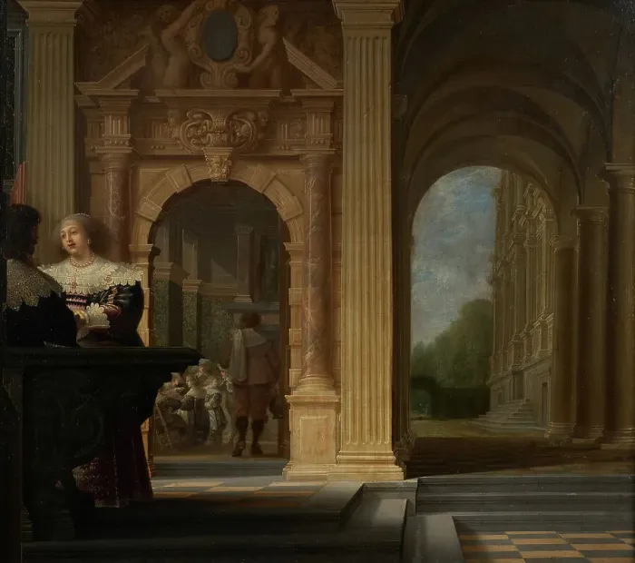 Framed Print : Gallant scene in a palace, between 1630 and 1636. Creators: Dirck van Delen, Anthonie Palamedesz Framed Print : Gallant scene in a palace, between 1630 and 1636. Creators: Dirck van Delen, Anthonie Palamedesz