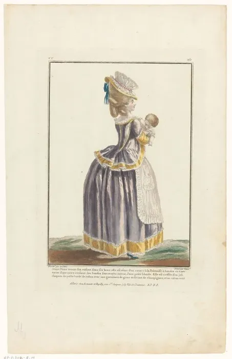 Framed Print : Gallery of French Fashions and Costumes, 1779, cc 160: Young lady holding her (...), 1782. Creator: Jean-Baptiste Patas Framed Print : Gallery of French Fashions and Costumes, 1779, cc 160: Young lady holding her (...), 1782. Creator: Jean-Baptiste Patas