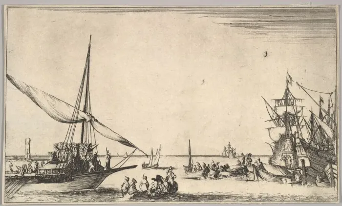 Framed Print : A galley arriving at port to left, several rowboats in center, ships at port to right Framed Print : A galley arriving at port to left, several rowboats in center, ships at port to right