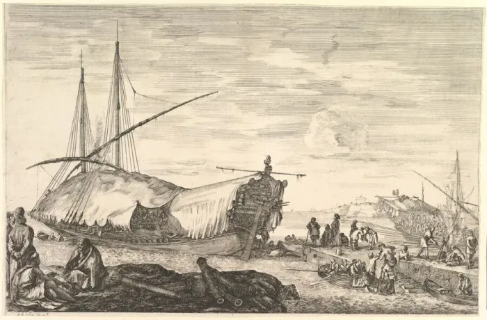 Framed Print : A galley covered in sails to left, six cannons and four people to left in foregroun Framed Print : A galley covered in sails to left, six cannons and four people to left in foregroun
