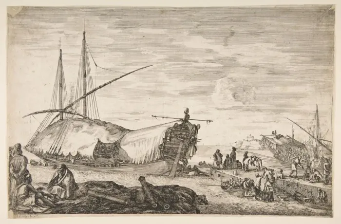 Framed Print : A galley covered in sails to left, six cannons and four people to left in foreground Framed Print : A galley covered in sails to left, six cannons and four people to left in foreground