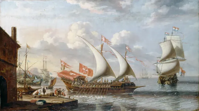 Framed Print : A Galley of Malta, c. 1680. Artist: Castro, Lorenzo (active 1672-1686) Framed Print : A Galley of Malta, c. 1680. Artist: Castro, Lorenzo (active 1672-1686)