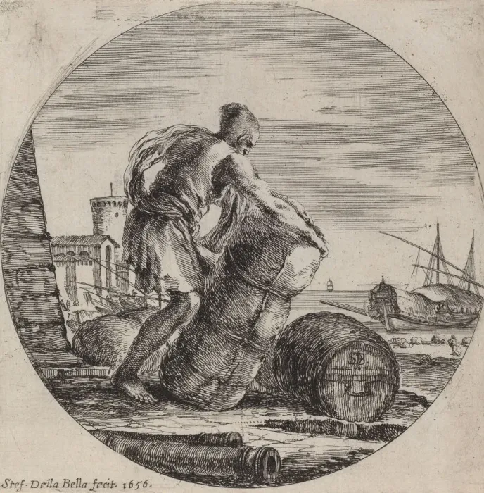Framed Print : Galley Slave Hauling a Ships Cargo, 1656. Creator: Stefano della Bella Framed Print : Galley Slave Hauling a Ships Cargo, 1656. Creator: Stefano della Bella