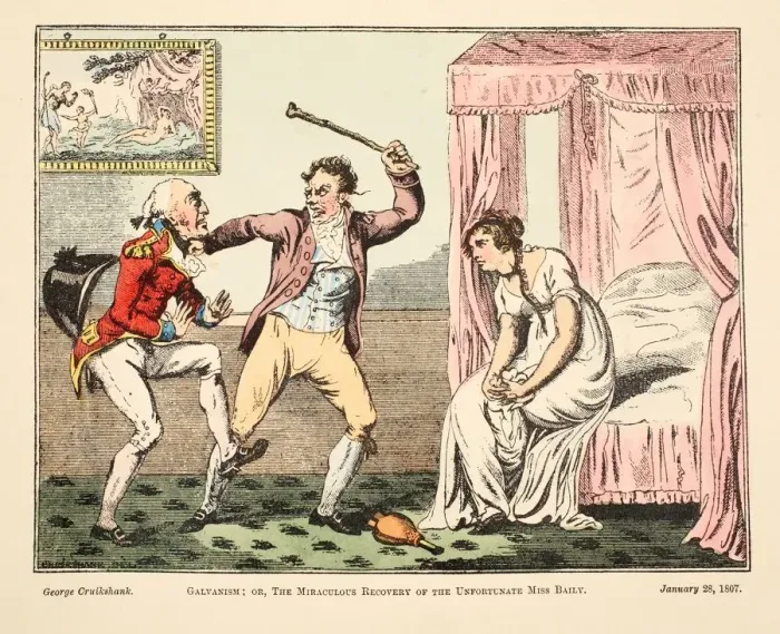 Framed Print : Galvanism; or the Miraculous Recovery of the Unfortnate Miss Baily, 1807 Framed Print : Galvanism; or the Miraculous Recovery of the Unfortnate Miss Baily, 1807