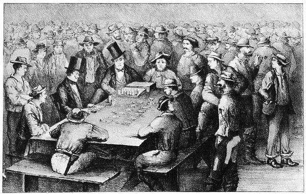 Gambling in the mines, Faro, California, 19th century (1937). Artist: Britton & Rey