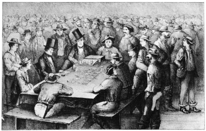 Framed Print : Gambling in the mines, Faro, California, 19th century (1937). Artist: Britton & Rey Framed Print : Gambling in the mines, Faro, California, 19th century (1937). Artist: Britton & Rey