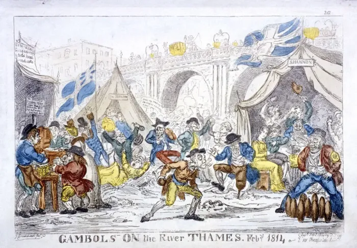 Framed Print : Gambols on the River Thames, Feby, 1814. Artist: George Cruikshank