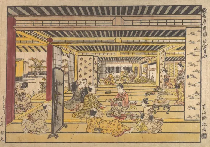 Framed Print : A Game of Hand Sumo in the New Yoshiwara, ca. 1740. Creator: Furuyama Moromasa Framed Print : A Game of Hand Sumo in the New Yoshiwara, ca. 1740. Creator: Furuyama Moromasa