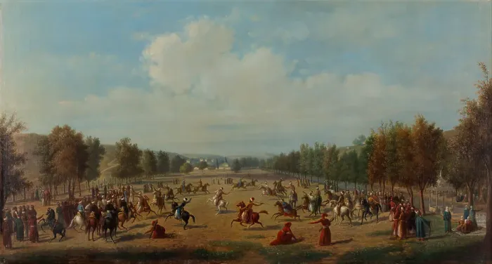 Framed Print : Game of Jereed in Kagithane, c. 1890. Artist: Acquarone, Luigi (1800-1896) Framed Print : Game of Jereed in Kagithane, c. 1890. Artist: Acquarone, Luigi (1800-1896)