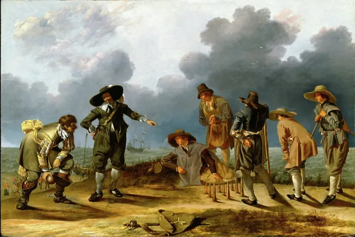 Framed Print : The Game of Skittles (Allegory of Fortune?), c1635 or 1640. Creators: Adam Willaerts, Jacob Duck Framed Print : The Game of Skittles (Allegory of Fortune?), c1635 or 1640. Creators: Adam Willaerts, Jacob Duck