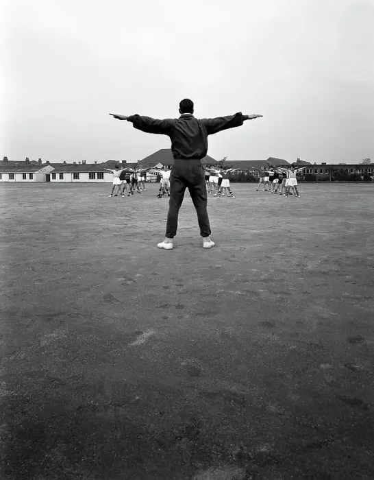 Framed Print : Games master taking a gym class, Airedale school, Castleford, West Yorkshire, 1962 Framed Print : Games master taking a gym class, Airedale school, Castleford, West Yorkshire, 1962