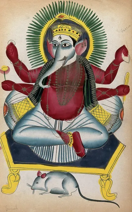 Framed Print : Ganesha enthroned holding his symbols with his rat. Creator: Unknown Framed Print : Ganesha enthroned holding his symbols with his rat. Creator: Unknown