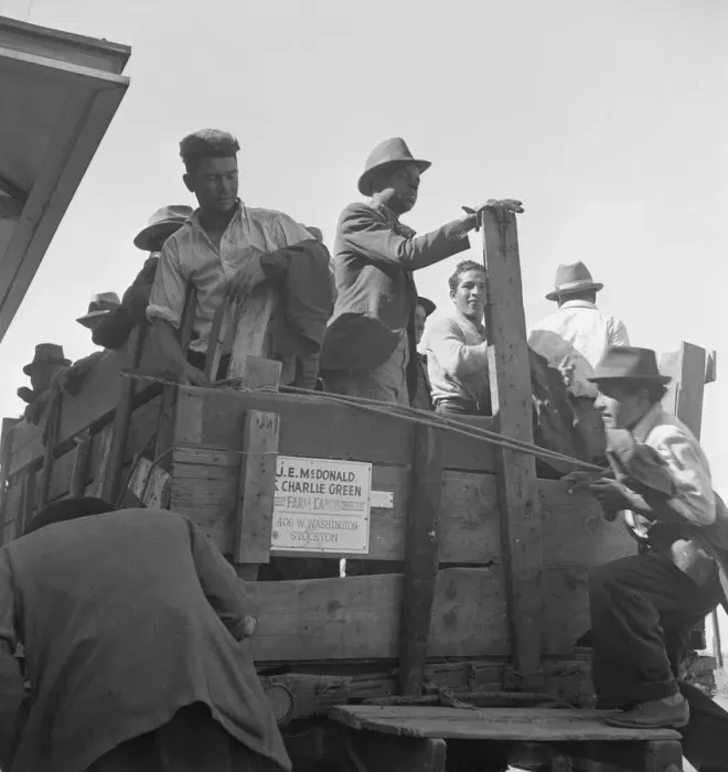 Framed Print : Gangs of single men, pea pickers, transported to fields... Stanislaus County, CA, 1939. Creator: Dorothea Lange Framed Print : Gangs of single men, pea pickers, transported to fields... Stanislaus County, CA, 1939. Creator: Dorothea Lange